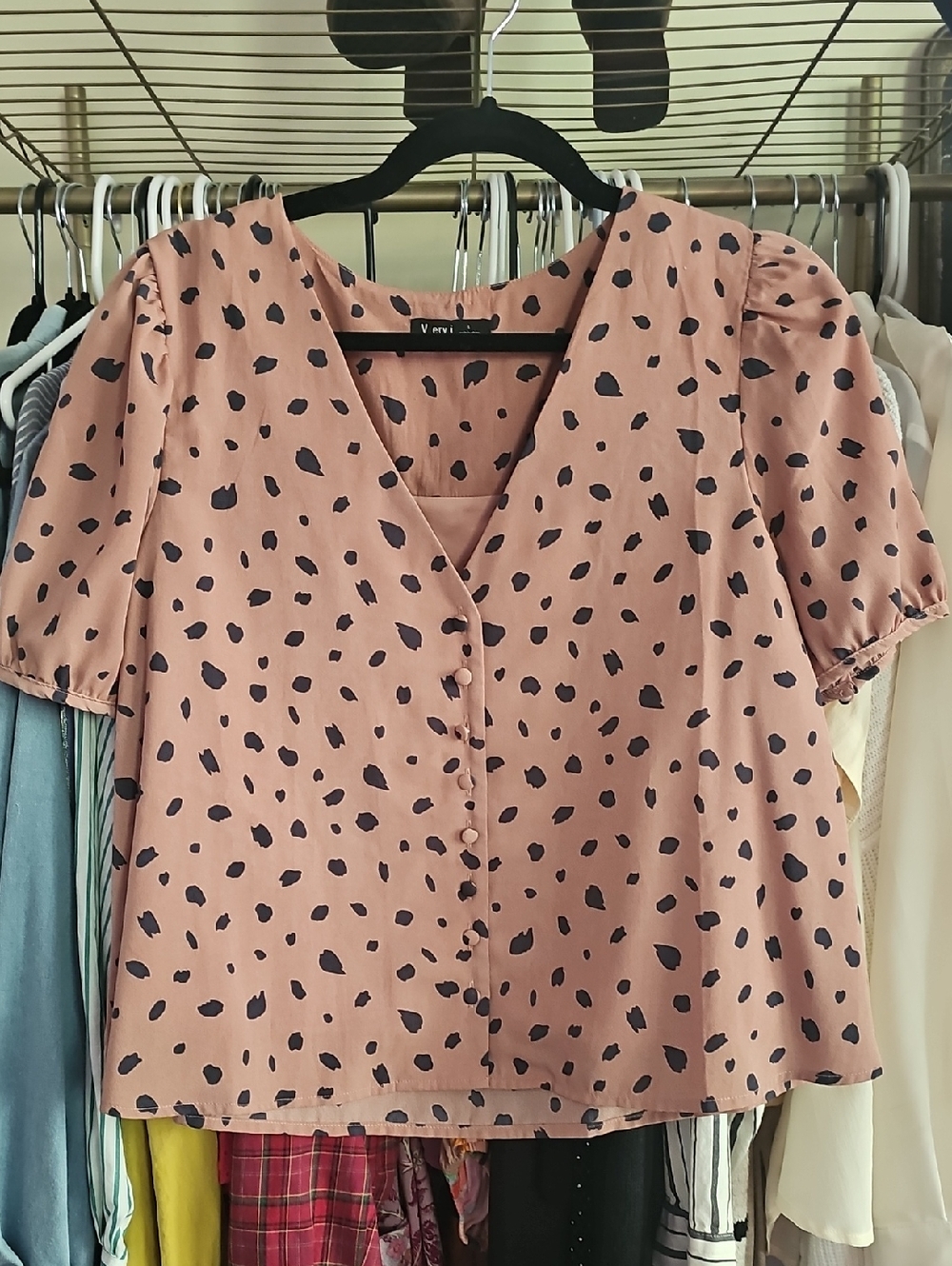 Bohme Dusty Pink Short-Sleeve Button V-Neck Blouse with Black Spot Print